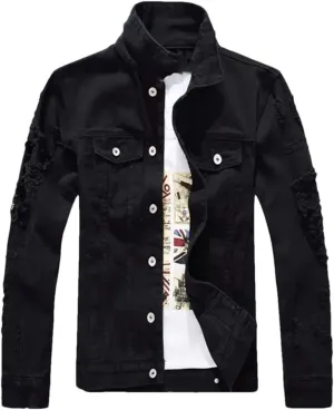 Men's Distressed Motorcycle Jeans Jacket Distressed Denim Trucker Jacket Coat