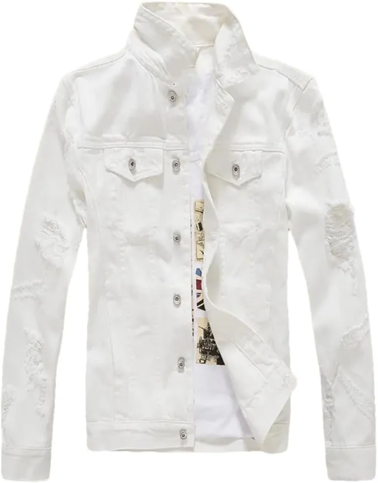 Men's Distressed Motorcycle Jeans Jacket Distressed Denim Trucker Jacket Coat