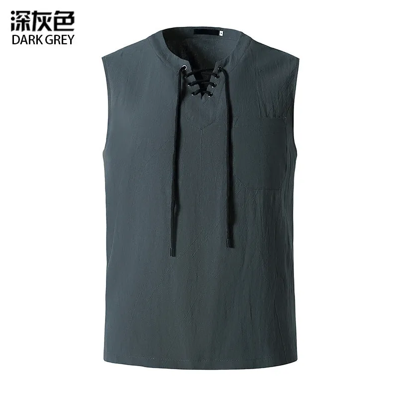 Men's Fashion Linen Hip-Hop V-Neck Sleeveless Yoga Tops T-shirt
