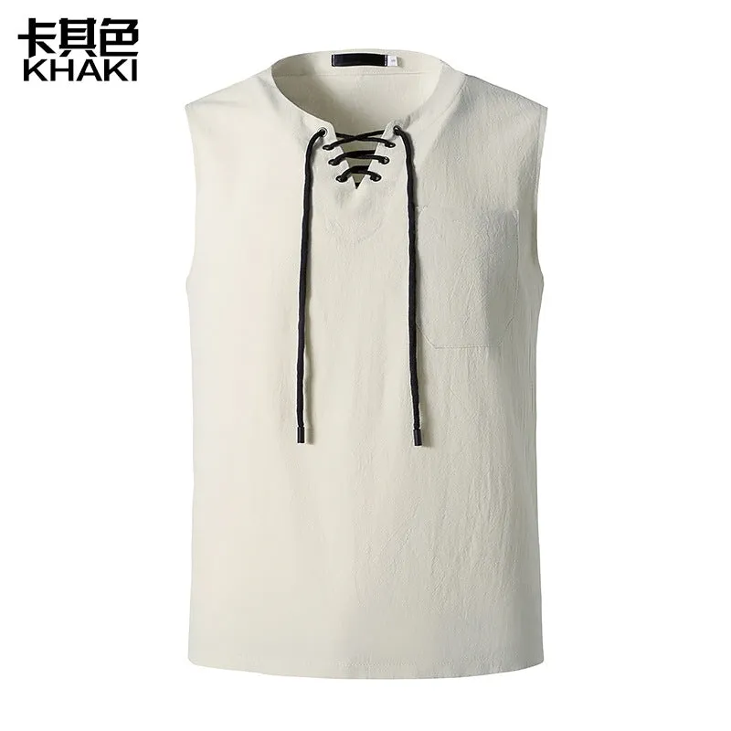 Men's Fashion Linen Hip-Hop V-Neck Sleeveless Yoga Tops T-shirt