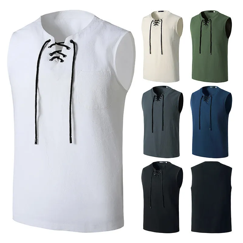 Men's Fashion Linen Hip-Hop V-Neck Sleeveless Yoga Tops T-shirt