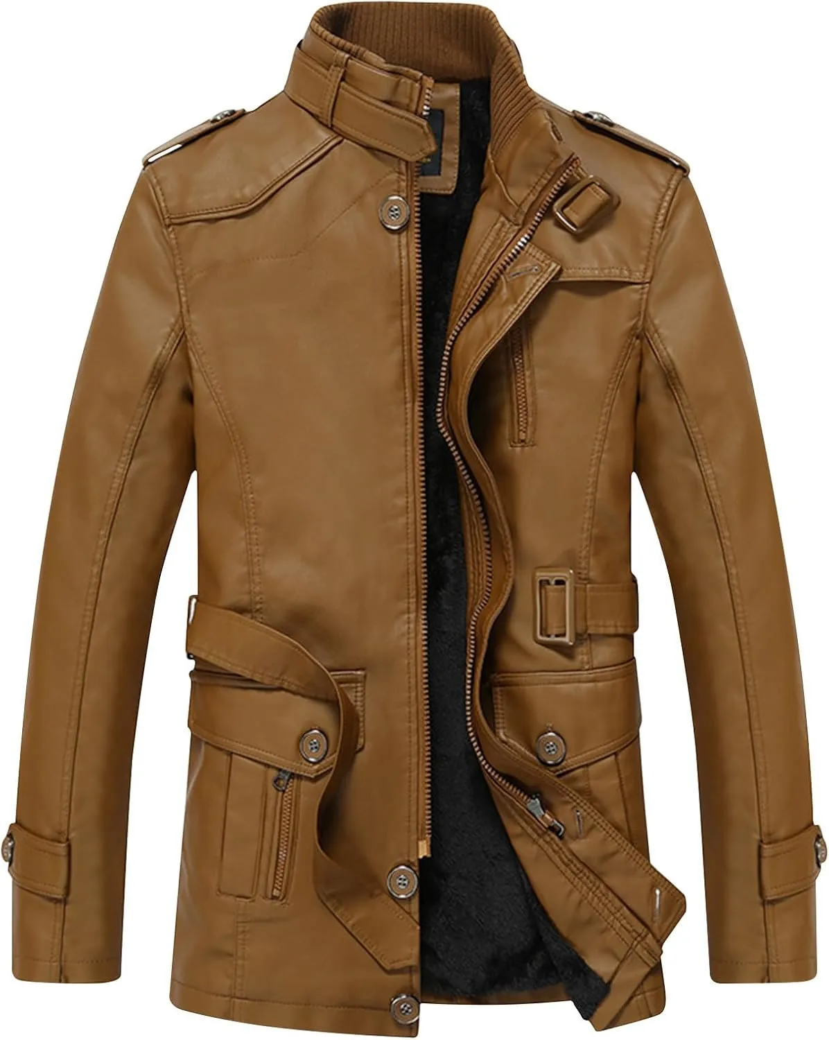Mens Faux Leather Motorcycle Jackets Heavyweight Fleece Lined Stand Collar Full Zip Bomber Jacket Big & Tall Outwear