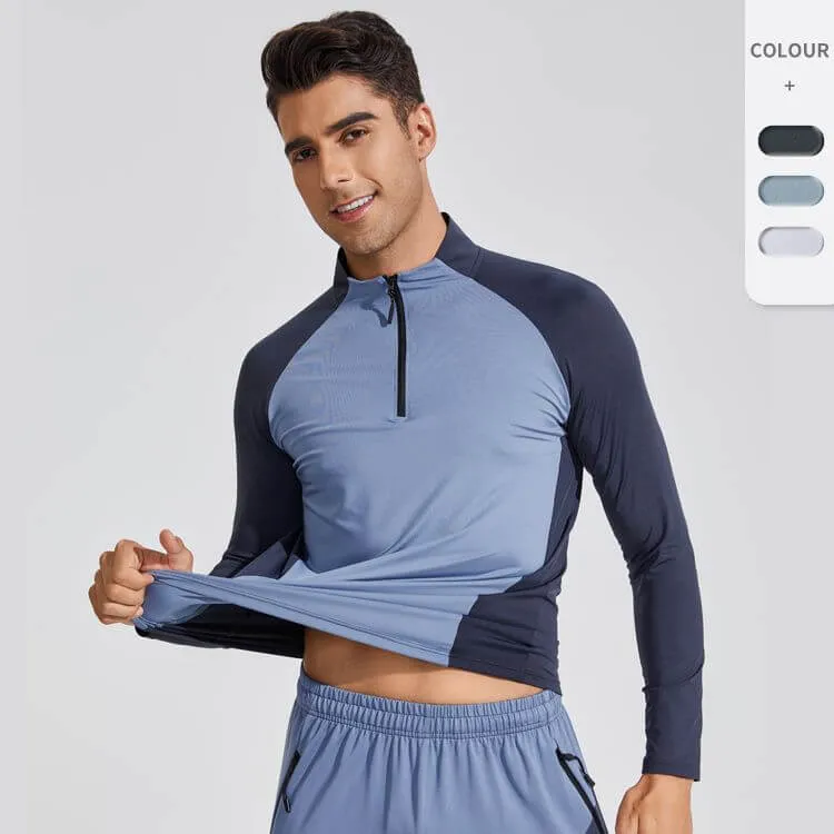 Men's  Half Zip High Neck Quick Drying Long Sleeve Fitting T-Shirt