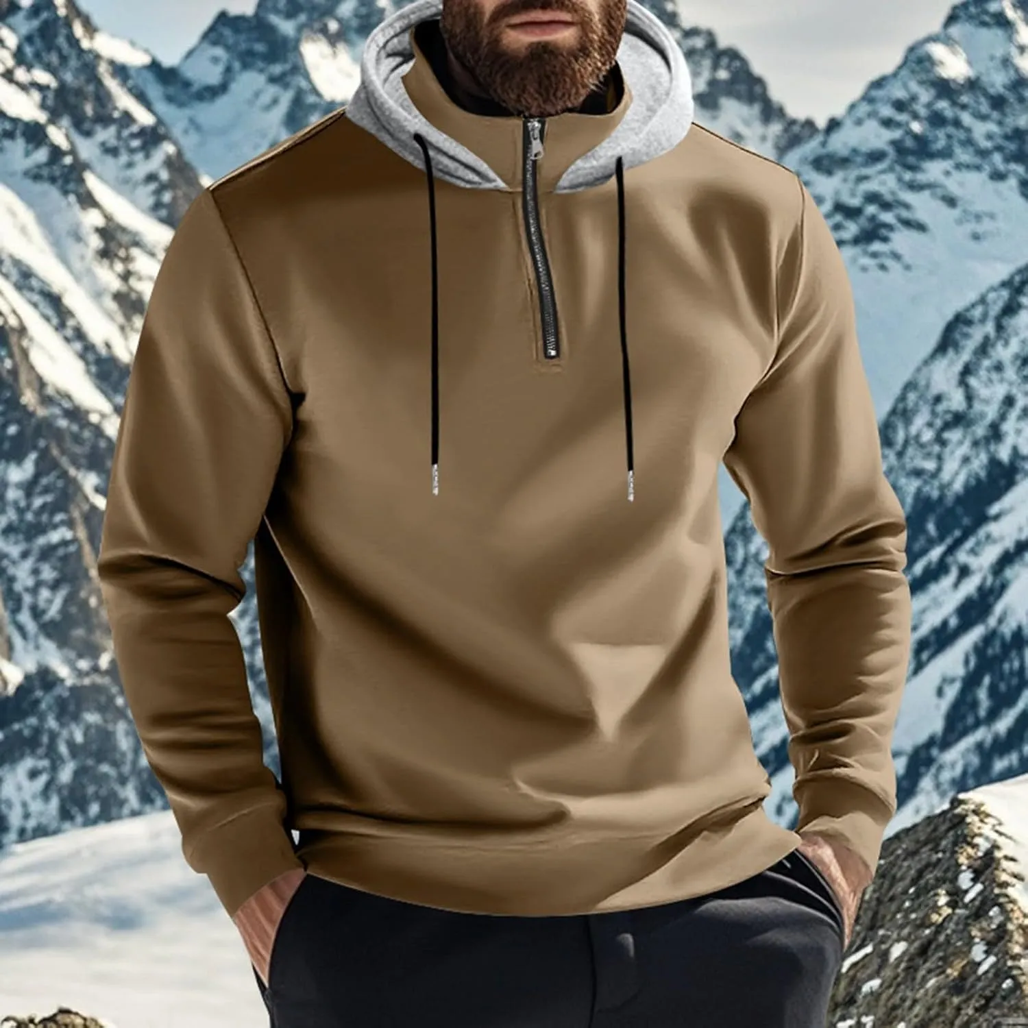 Mens Half Zip Hoodie For Casual Fleece Lightweight Regular Long Sleeve Sherpa Lined Winter Warm Pullover Sweatshirts