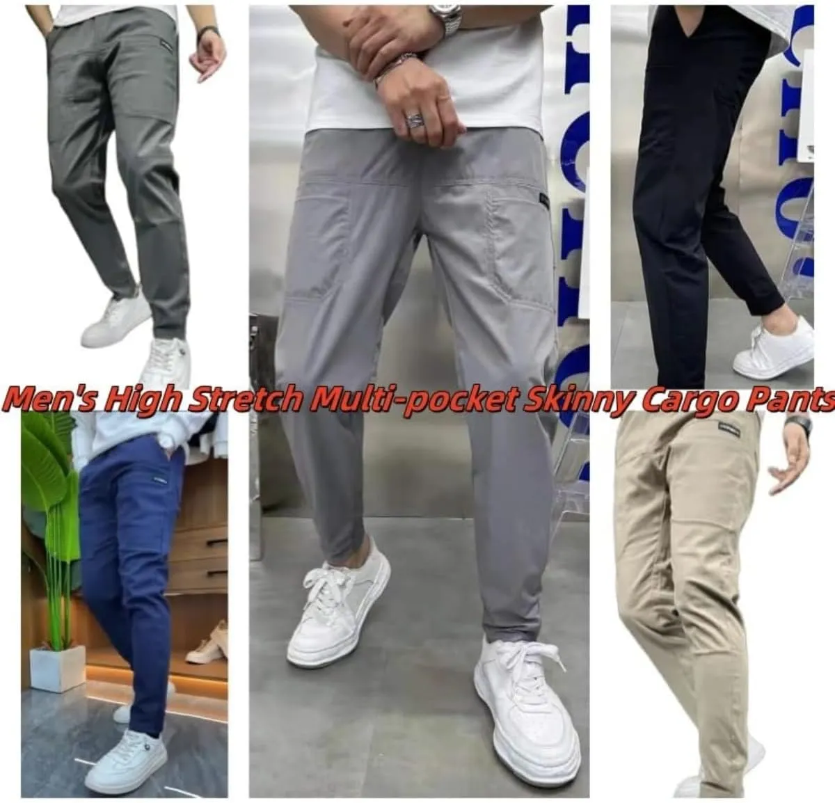 Men's High Stretch Multi-Pocket Skinny Cargo Pants Elastic Waist Plus Size Pant Comfortable Multi-Pocket Sweatpants