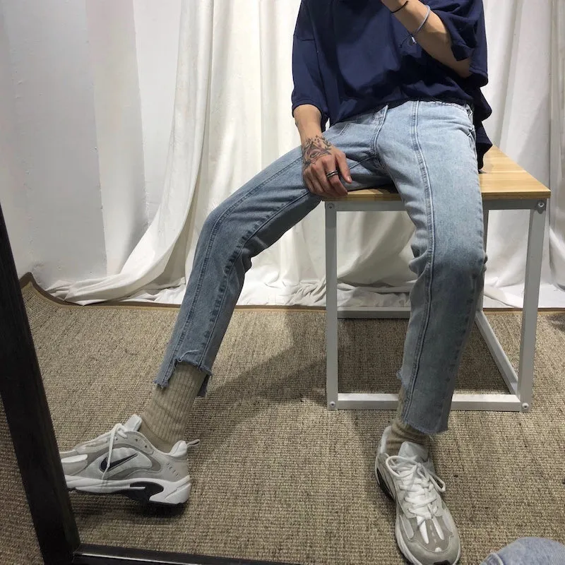 Men's Irregular Stitching Cropped Slim-Fit Jeans