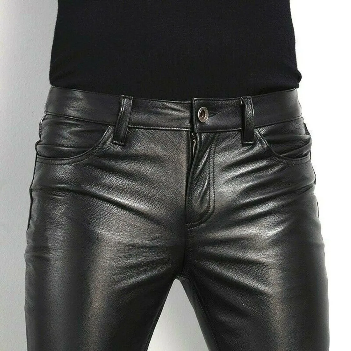 Mens Leather Party Pants Slim Fit Real Faux Leather Pants Classic Plain Pants
