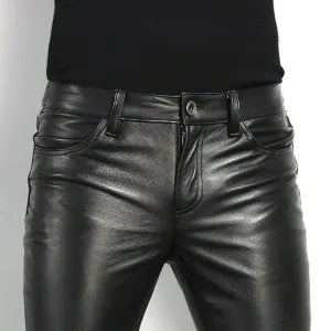Mens Leather Party Pants Slim Fit Real Faux Leather Pants Classic Plain Pants