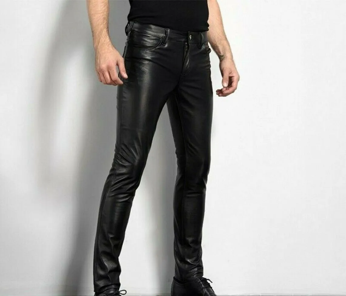 Mens Leather Party Pants Slim Fit Real Faux Leather Pants Classic Plain Pants