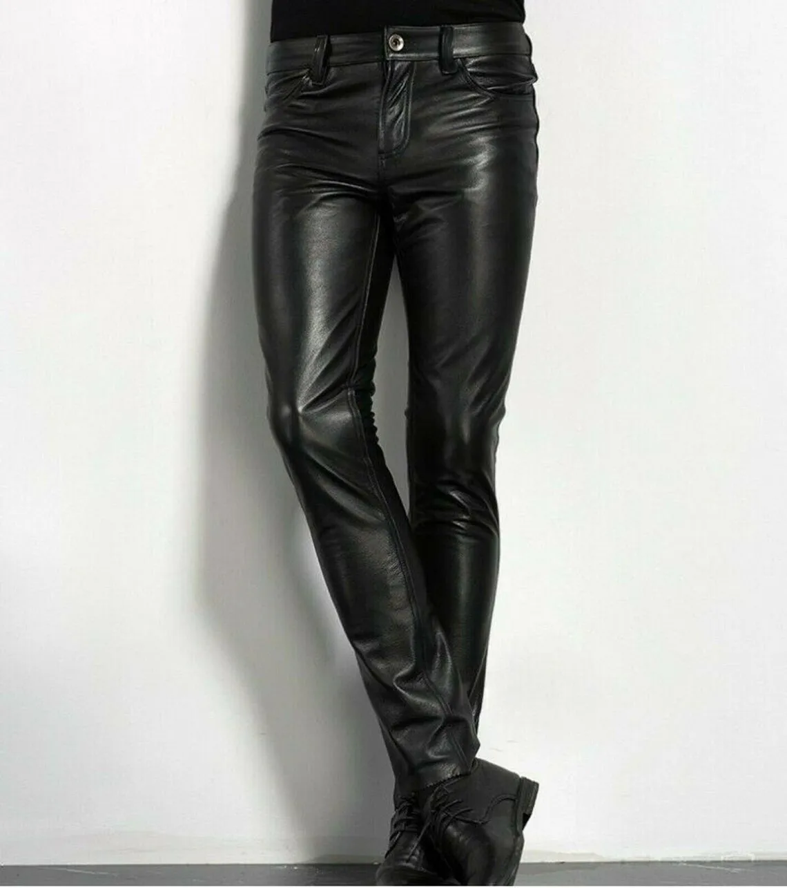 Mens Leather Party Pants Slim Fit Real Faux Leather Pants Classic Plain Pants
