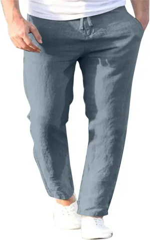 Mens Linen Cotton Casual Trousers 2024 Summer Resort Wear Beach Pants for Men Lightweight Elastic Waist Cruise Slack