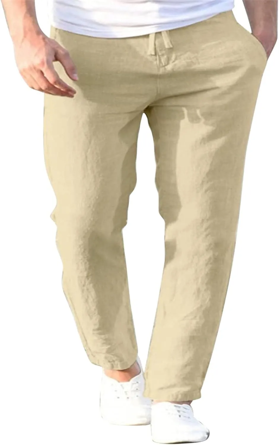 Mens Linen Cotton Casual Trousers 2024 Summer Resort Wear Beach Pants for Men Lightweight Elastic Waist Cruise Slack