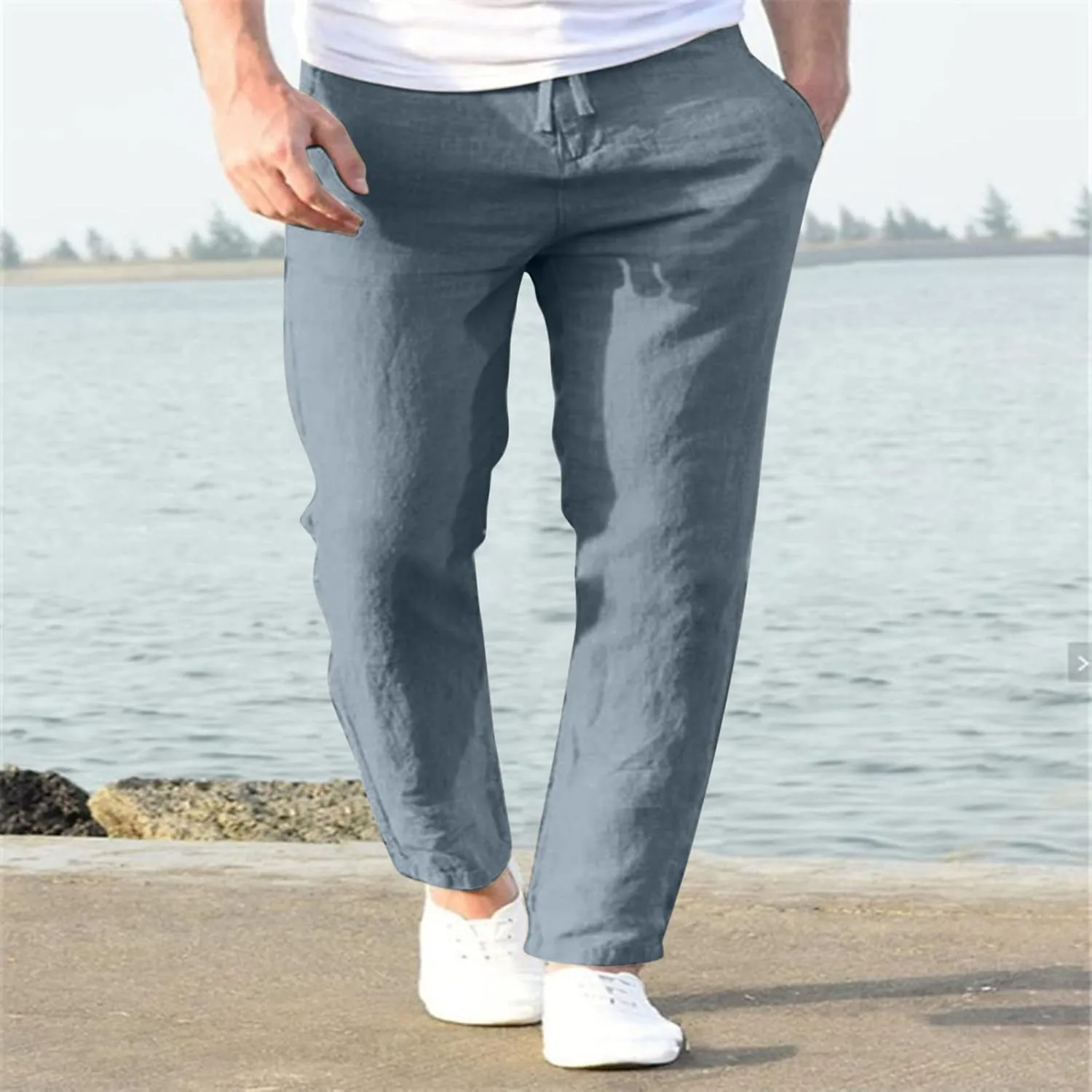 Mens Linen Cotton Casual Trousers 2024 Summer Resort Wear Beach Pants for Men Lightweight Elastic Waist Cruise Slack