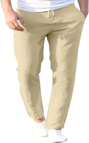 Mens Linen Cotton Casual Trousers 2024 Summer Resort Wear Beach Pants for Men Lightweight Elastic Waist Cruise Slack