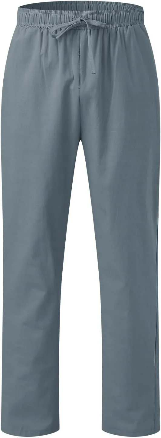 Mens Linen Cotton Casual Trousers 2024 Summer Resort Wear Beach Pants for Men Lightweight Elastic Waist Cruise Slack