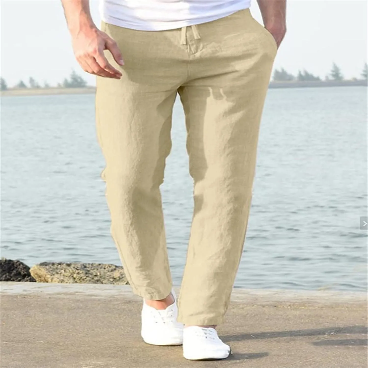Mens Linen Cotton Casual Trousers 2024 Summer Resort Wear Beach Pants for Men Lightweight Elastic Waist Cruise Slack