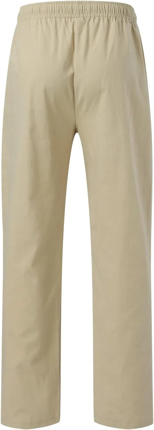 Mens Linen Cotton Casual Trousers 2024 Summer Resort Wear Beach Pants for Men Lightweight Elastic Waist Cruise Slack