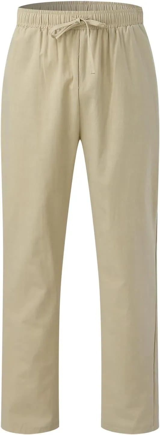 Mens Linen Cotton Casual Trousers 2024 Summer Resort Wear Beach Pants for Men Lightweight Elastic Waist Cruise Slack