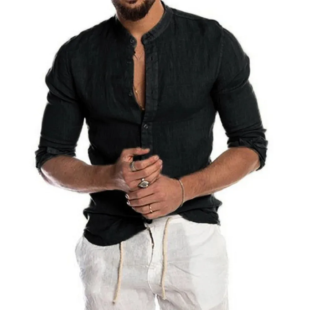 Men's  Linen Solid Color Long-Sleeved Shirt
