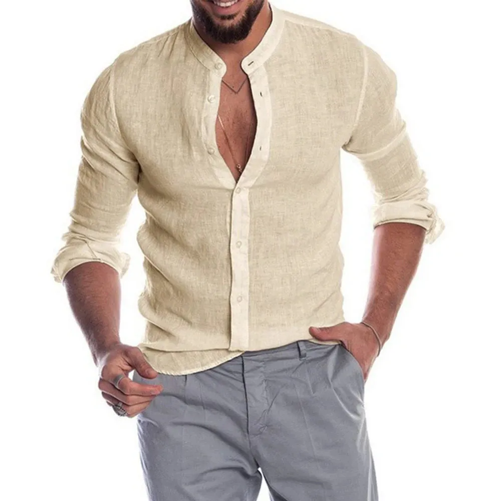 Men's  Linen Solid Color Long-Sleeved Shirt