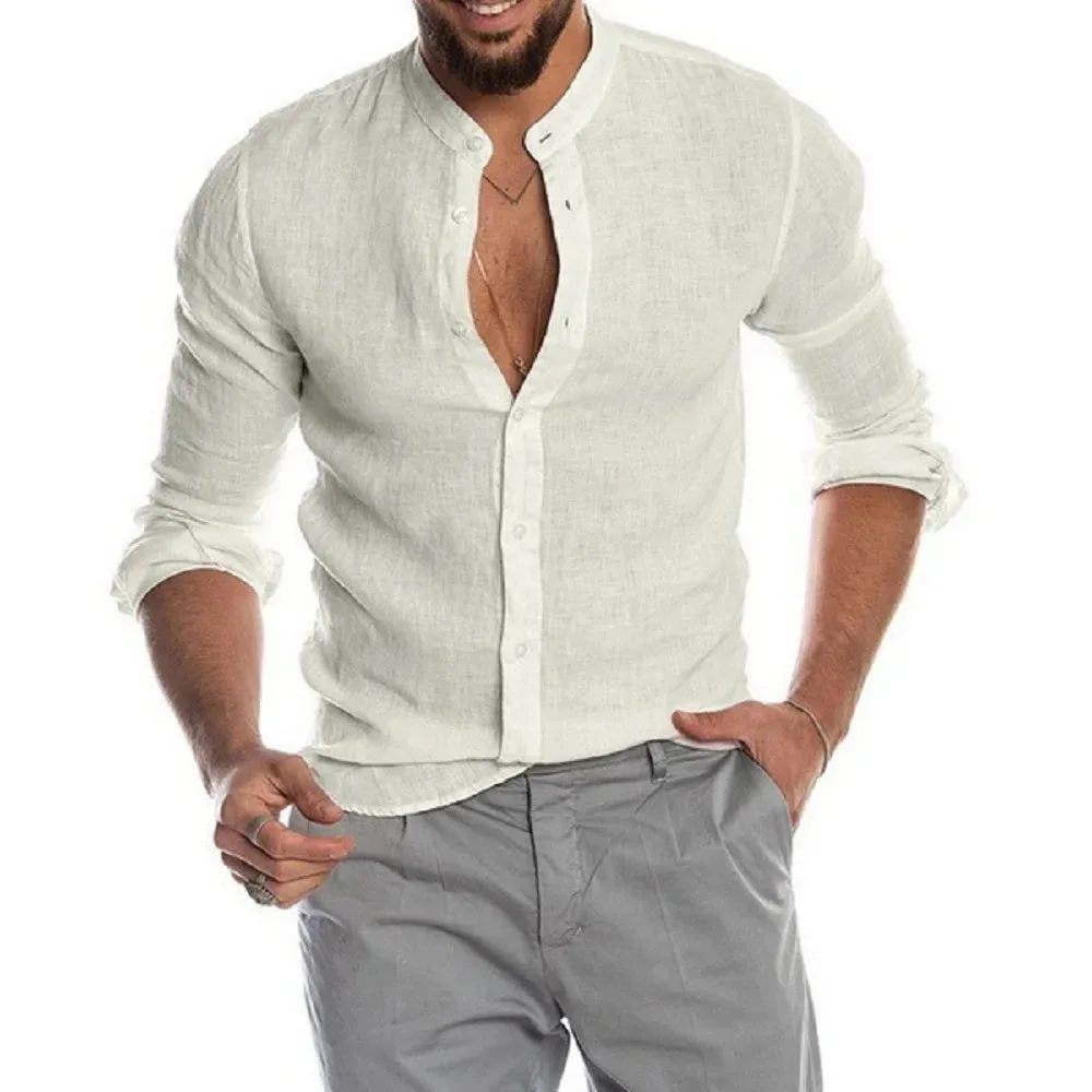 Men's  Linen Solid Color Long-Sleeved Shirt
