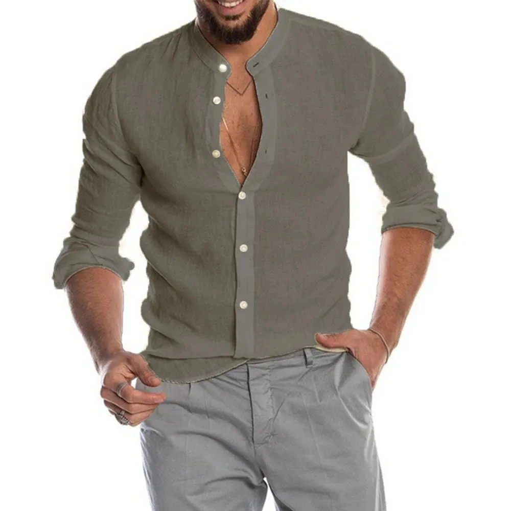 Men's  Linen Solid Color Long-Sleeved Shirt