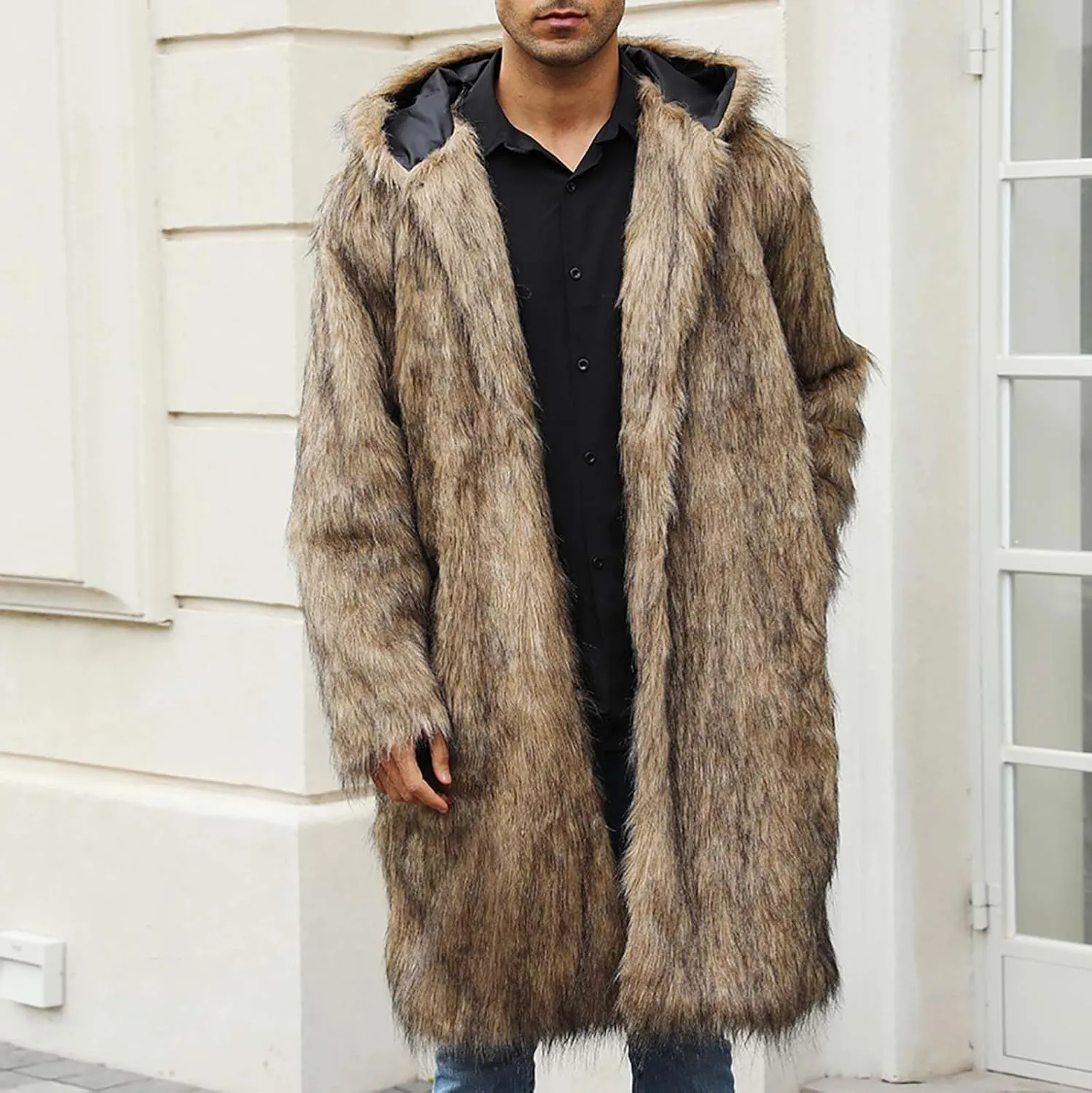 Men's Luxury Faux Fur Thick Coat Jacket Winter Warm Fluffy Soft Hooded Long Coats Parka Overcoat Outwear with Pockets