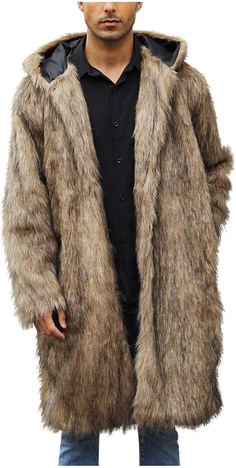 Men's Luxury Faux Fur Thick Coat Jacket Winter Warm Fluffy Soft Hooded Long Coats Parka Overcoat Outwear with Pockets