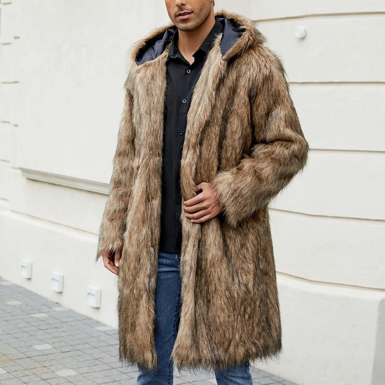 Men's Luxury Faux Fur Thick Coat Jacket Winter Warm Fluffy Soft Hooded Long Coats Parka Overcoat Outwear with Pockets
