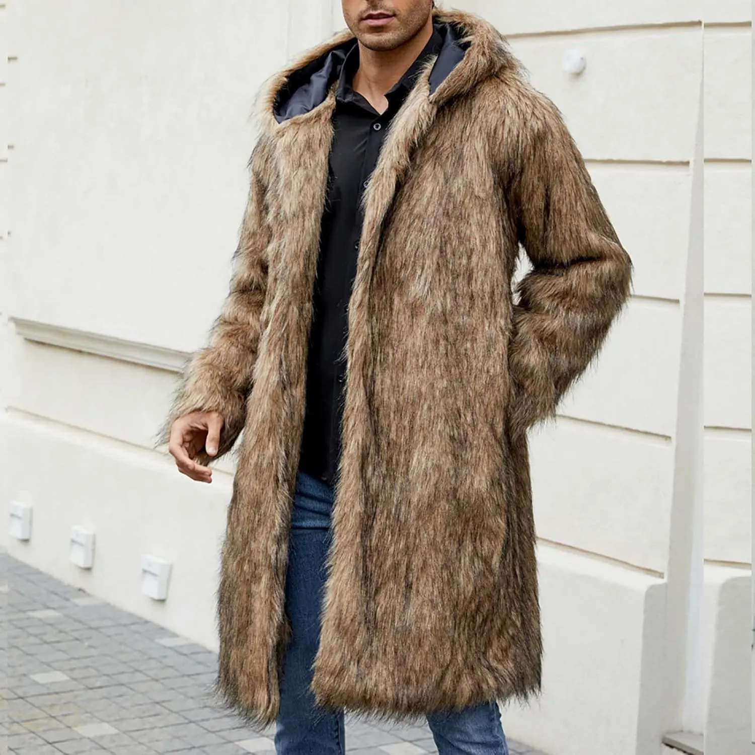 Men's Luxury Faux Fur Thick Coat Jacket Winter Warm Fluffy Soft Hooded Long Coats Parka Overcoat Outwear with Pockets