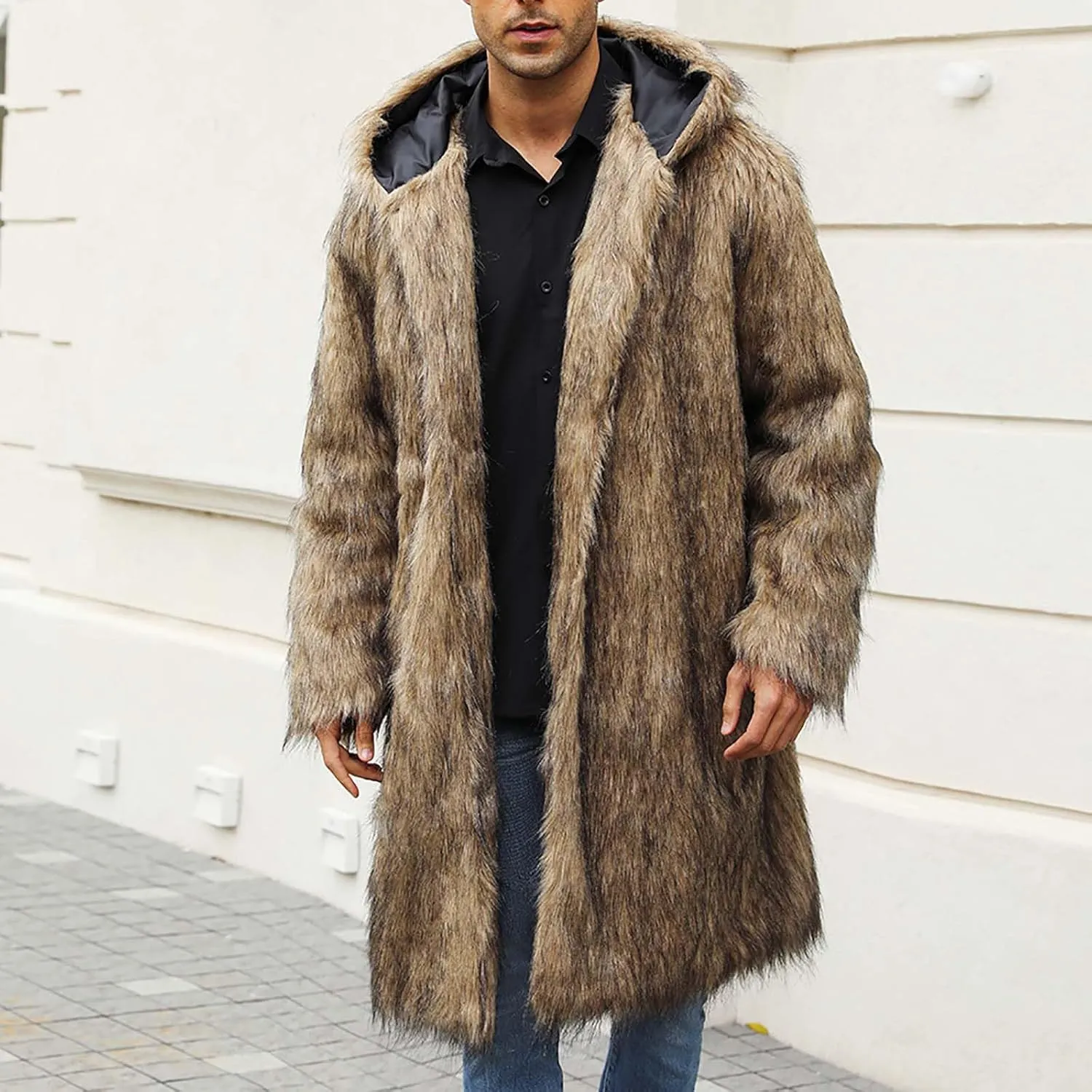 Men's Luxury Faux Fur Thick Coat Jacket Winter Warm Fluffy Soft Hooded Long Coats Parka Overcoat Outwear with Pockets