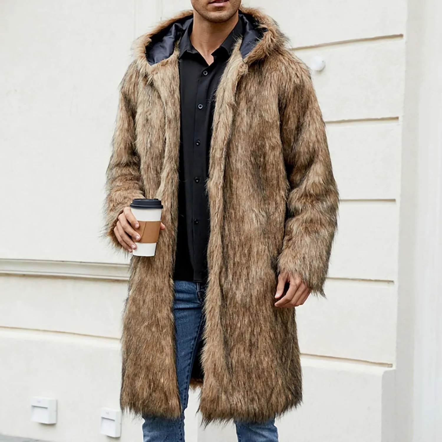 Men's Luxury Faux Fur Thick Coat Jacket Winter Warm Fluffy Soft Hooded Long Coats Parka Overcoat Outwear with Pockets