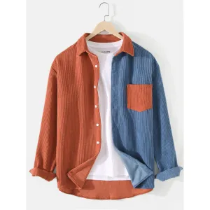 Men's Patchwork Corduroy Vintage Long Sleeve Shirt with Pockets