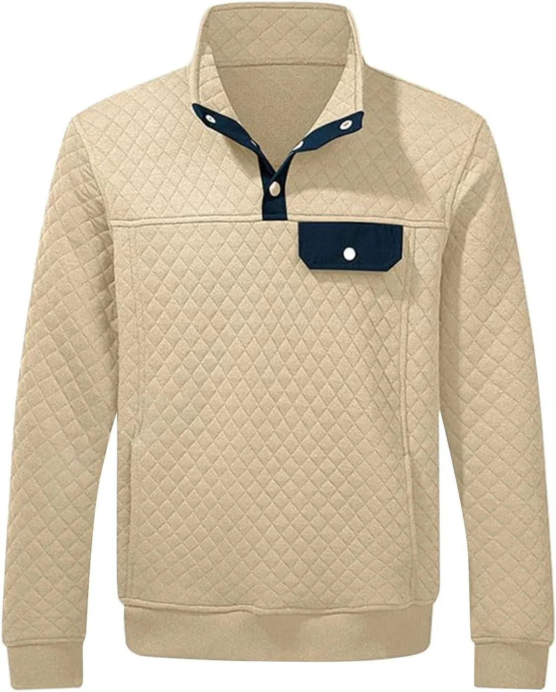 Men's Quilted Sweatshirt Fall Casual Long Sleeve Outdoor Stand Collar Button Pullover Sweatshirts with Pockets