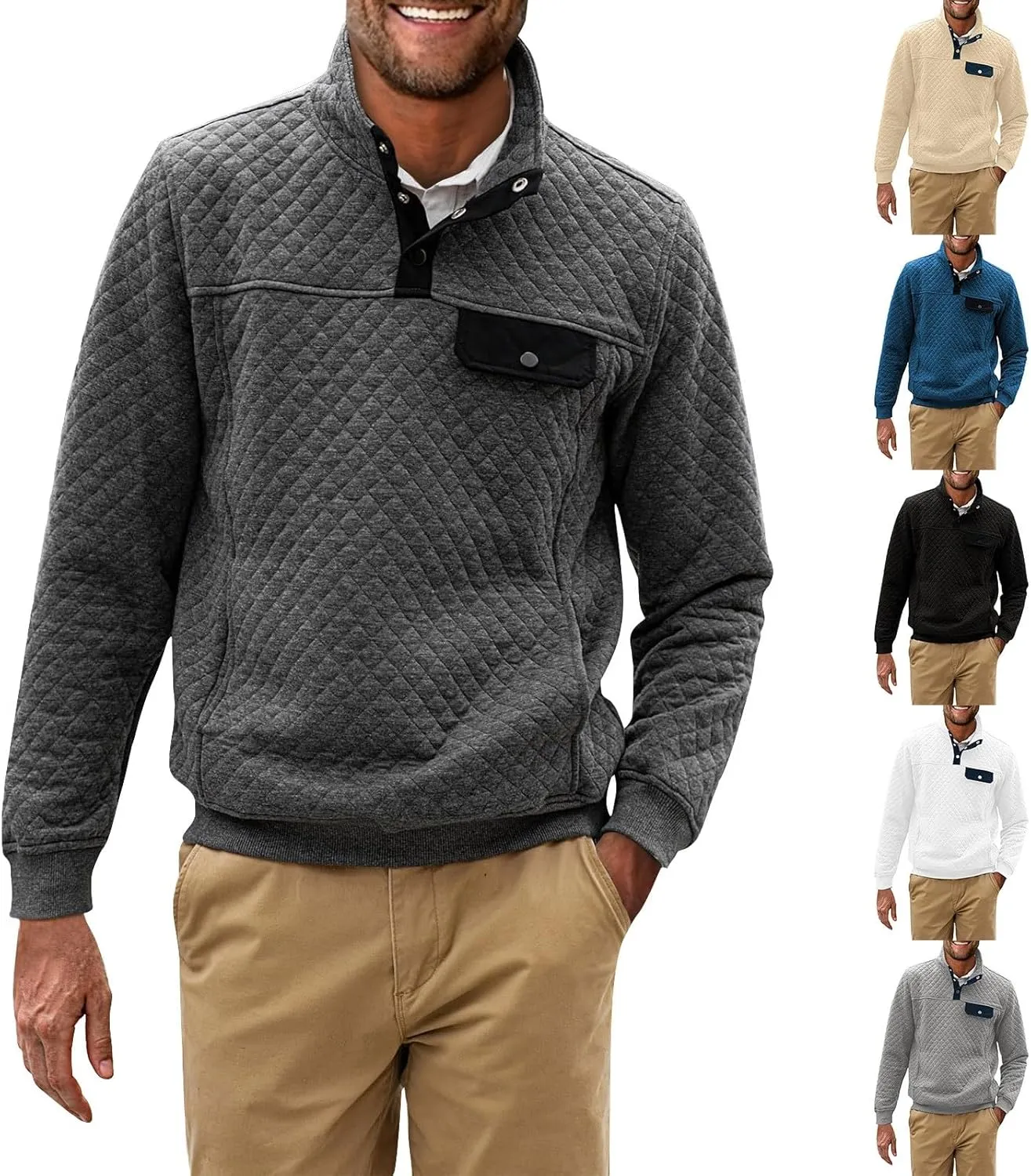 Men's Quilted Sweatshirt Fall Casual Long Sleeve Outdoor Stand Collar Button Pullover Sweatshirts with Pockets