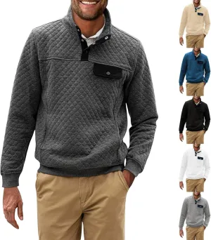 Men's Quilted Sweatshirt Fall Casual Long Sleeve Outdoor Stand Collar Button Pullover Sweatshirts with Pockets