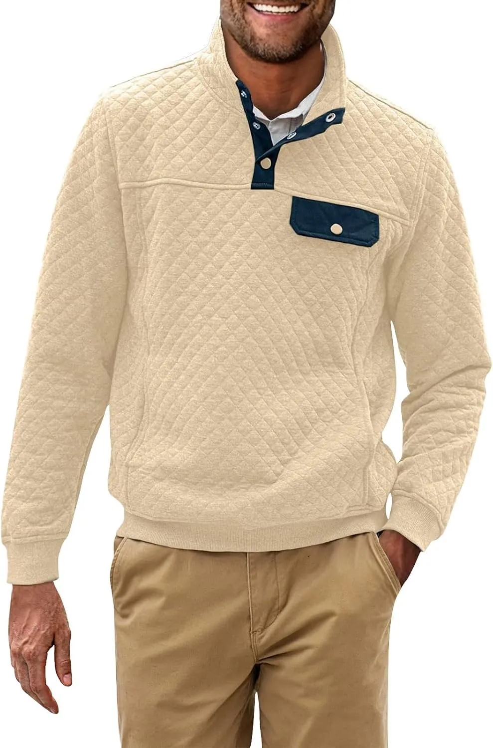 Men's Quilted Sweatshirt Fall Casual Long Sleeve Outdoor Stand Collar Button Pullover Sweatshirts with Pockets