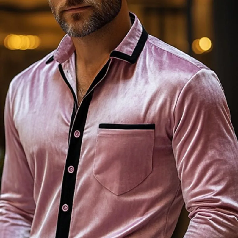 Men's Retro Casual Contrast Color Velvet Long Sleeve Shirt 34376855K