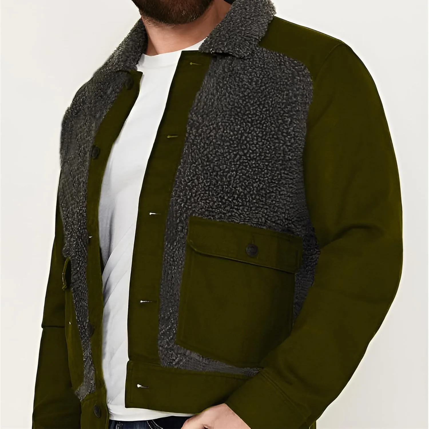 Men's Sherpa Lined Jacket Long Sleeve Button Up Patchwork Jacket Fuzzy Fur Collar Coat Slim Fit Fashion Coat Outwear