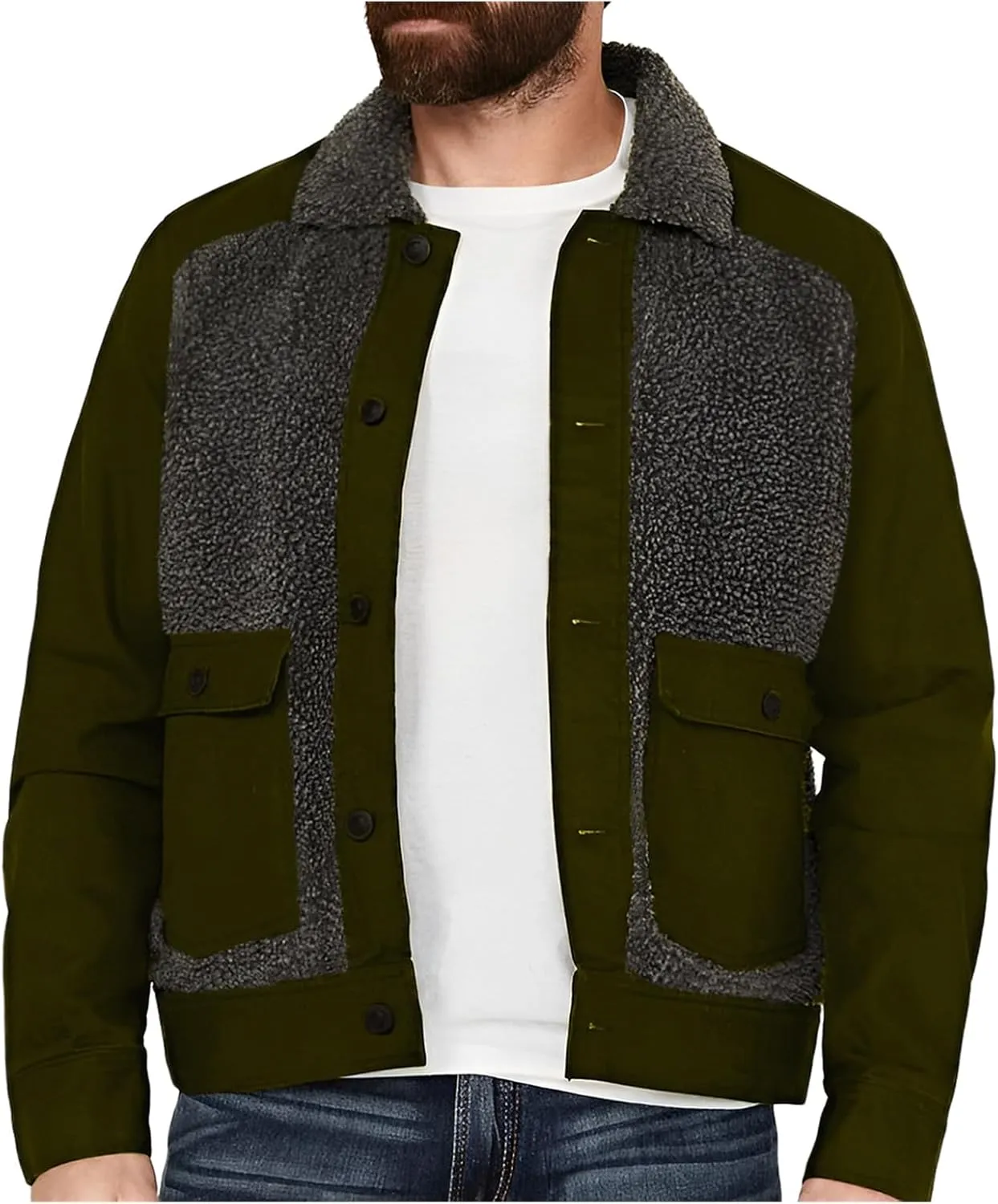 Men's Sherpa Lined Jacket Long Sleeve Button Up Patchwork Jacket Fuzzy Fur Collar Coat Slim Fit Fashion Coat Outwear