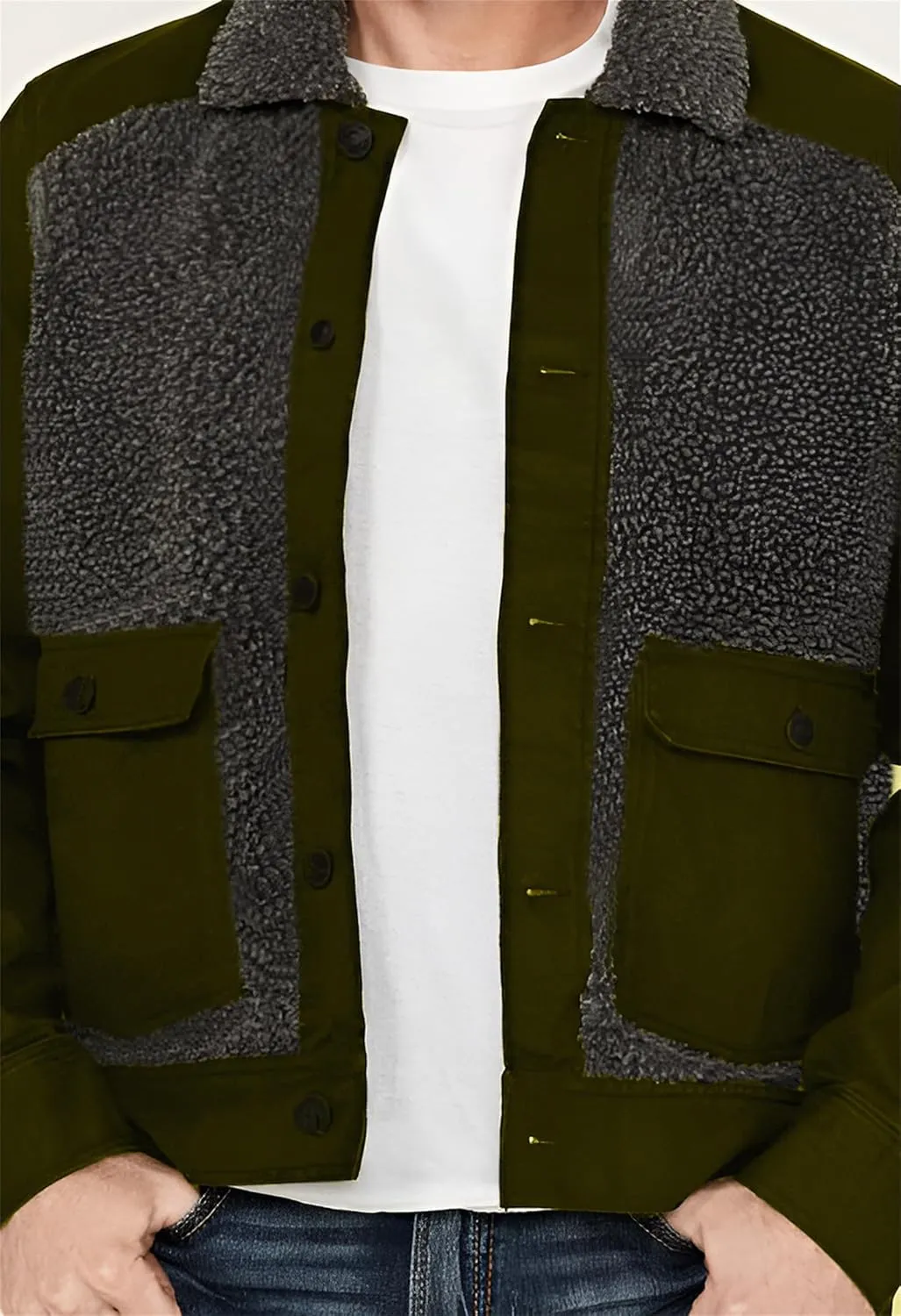 Men's Sherpa Lined Jacket Long Sleeve Button Up Patchwork Jacket Fuzzy Fur Collar Coat Slim Fit Fashion Coat Outwear