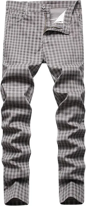 Mens Slim Fit Jeans Straight Leg Fashion Plaid Printed Denim Pants with Pockets Stretch Comfort Casual Pencil Jean Pants