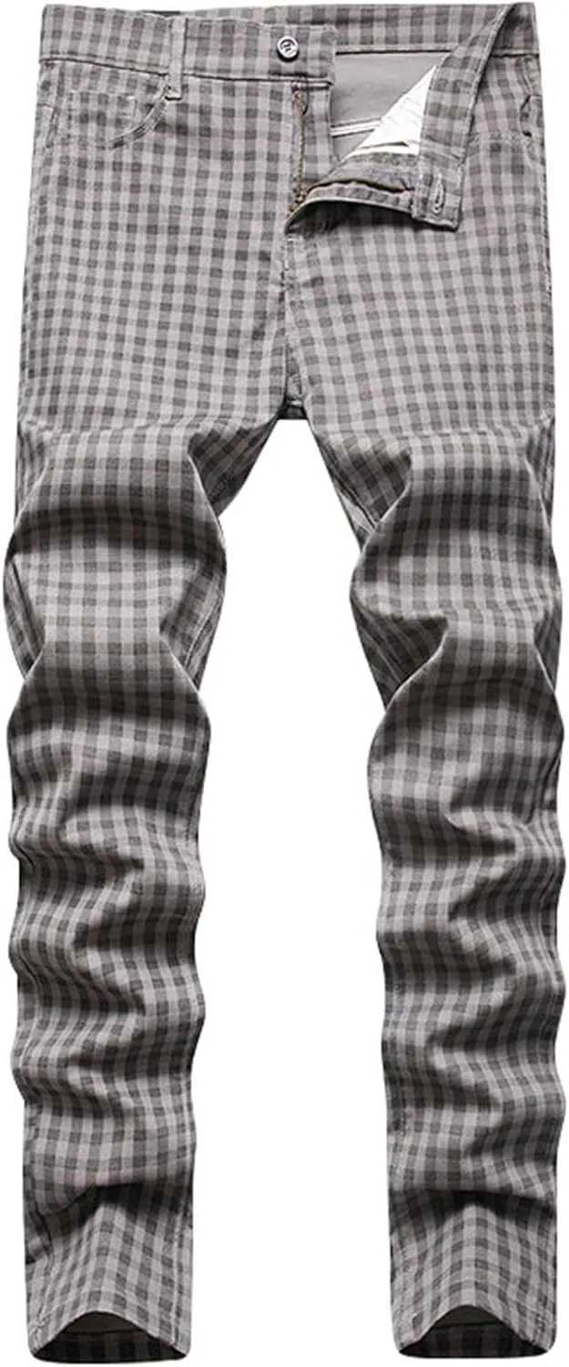 Mens Slim Fit Jeans Straight Leg Fashion Plaid Printed Denim Pants with Pockets Stretch Comfort Casual Pencil Jean Pants