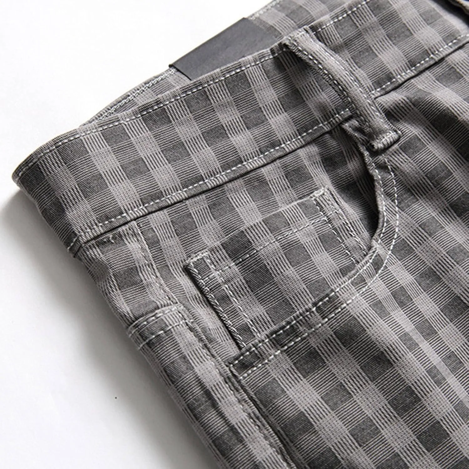 Mens Slim Fit Jeans Straight Leg Fashion Plaid Printed Denim Pants with Pockets Stretch Comfort Casual Pencil Jean Pants