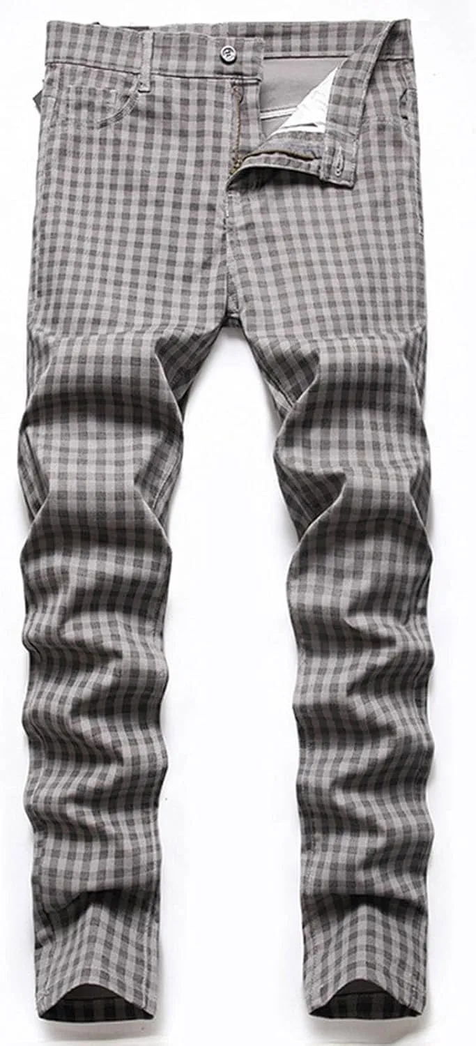 Mens Slim Fit Jeans Straight Leg Fashion Plaid Printed Denim Pants with Pockets Stretch Comfort Casual Pencil Jean Pants