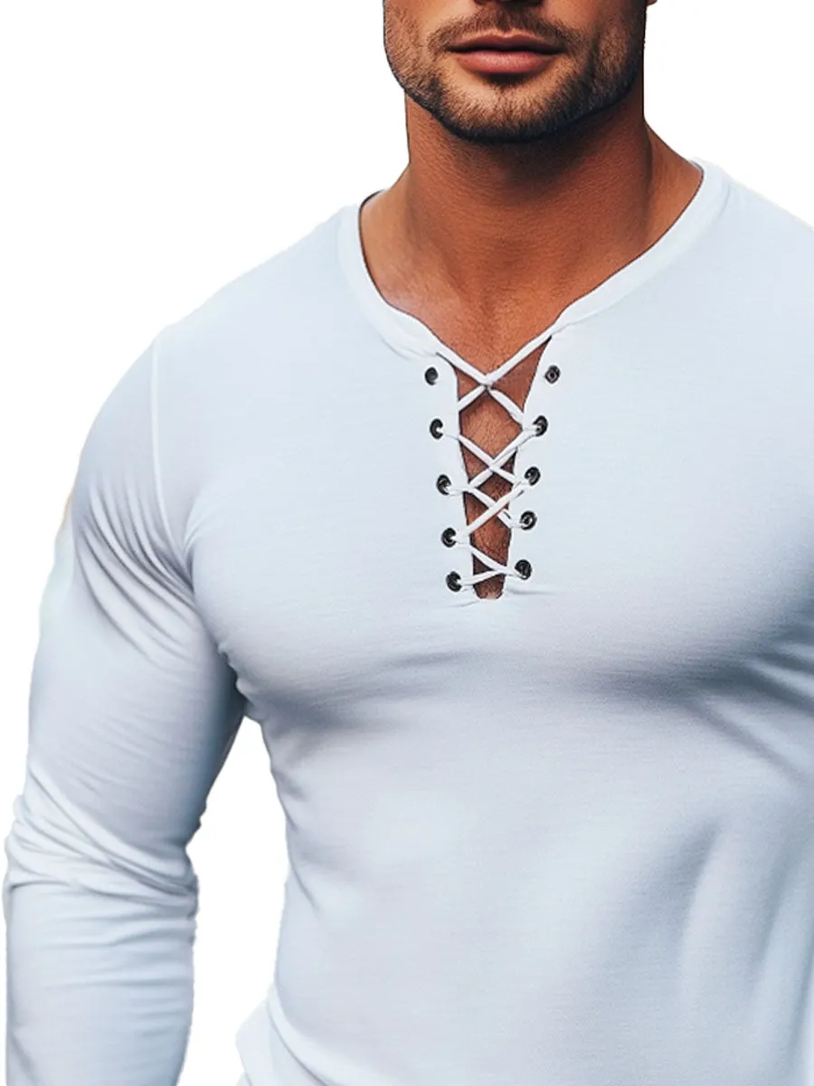 Men's Solid Color Lace-Up Long-Sleeved T-Shirt