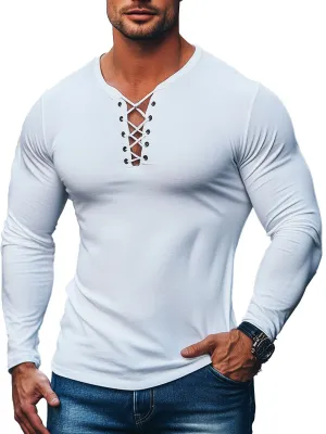 Men's Solid Color Lace-Up Long-Sleeved T-Shirt
