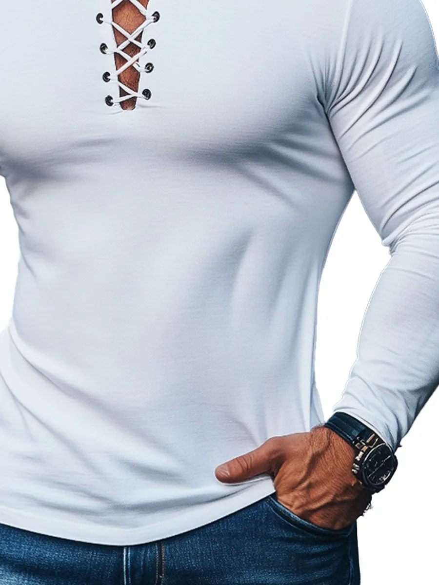 Men's Solid Color Lace-Up Long-Sleeved T-Shirt