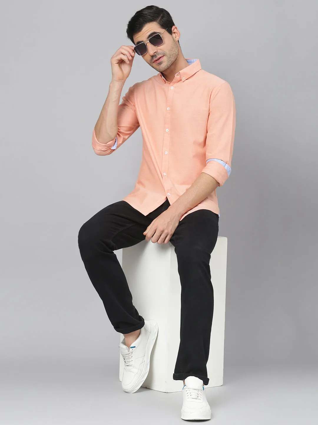 Men's Solid Orange Slim Fit Cotton Casual Shirt