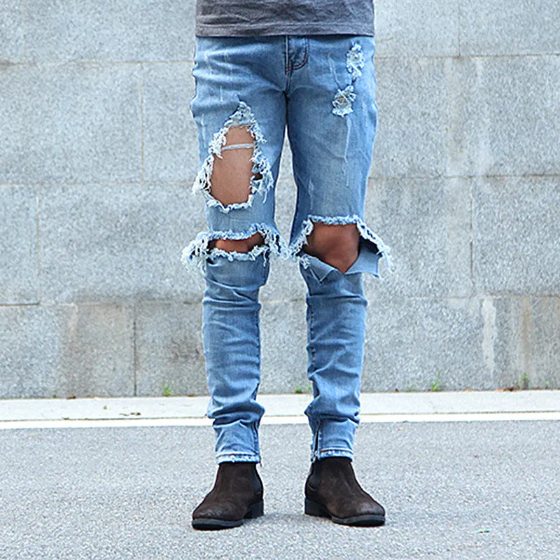 Men's Stretch Slim-fit Slit Chain Ripped Jeans
